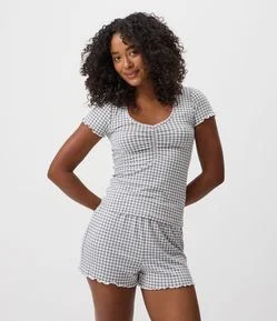 Pijama Curto em Peach Touch Xadrez com Franzido no Busto