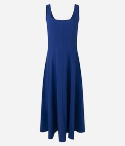 Vestido Evasê Midi em Bengaline com Decote Quadrado e Recortes