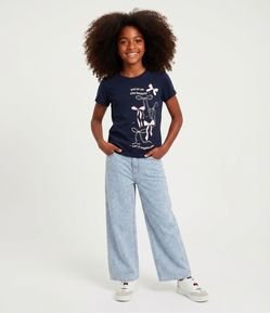Calça Jeans Wide Leg Infantil com Estampa de Corações - Tam 5 a 16 Anos