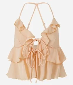 Blusa em Chiffon Texturizado com Babados e Amarração Frontal