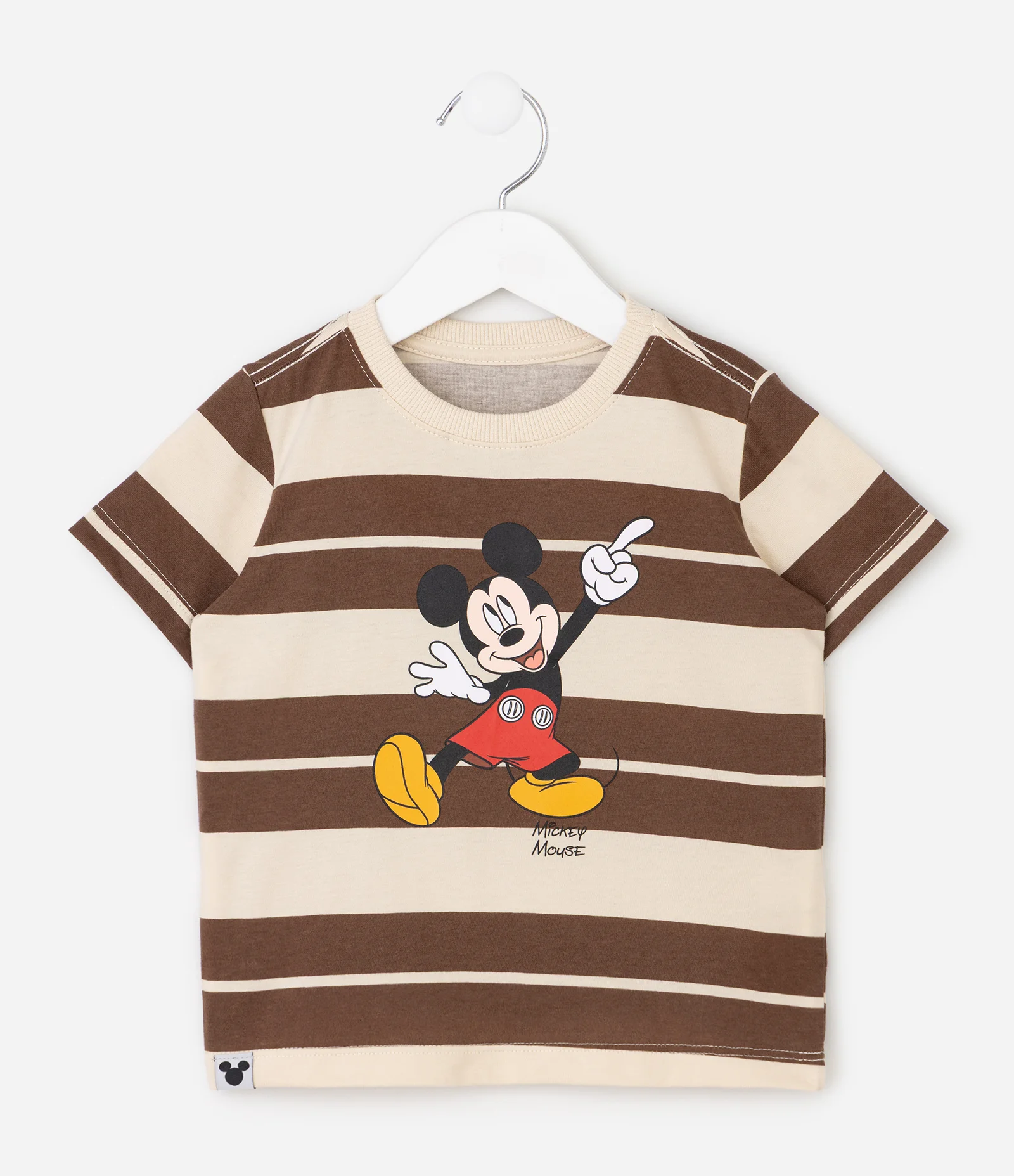 Camiseta Infantil Listrada com Estampa Mickey Mouse – Tam 2 a 6 Anos Marrom/Bege 2