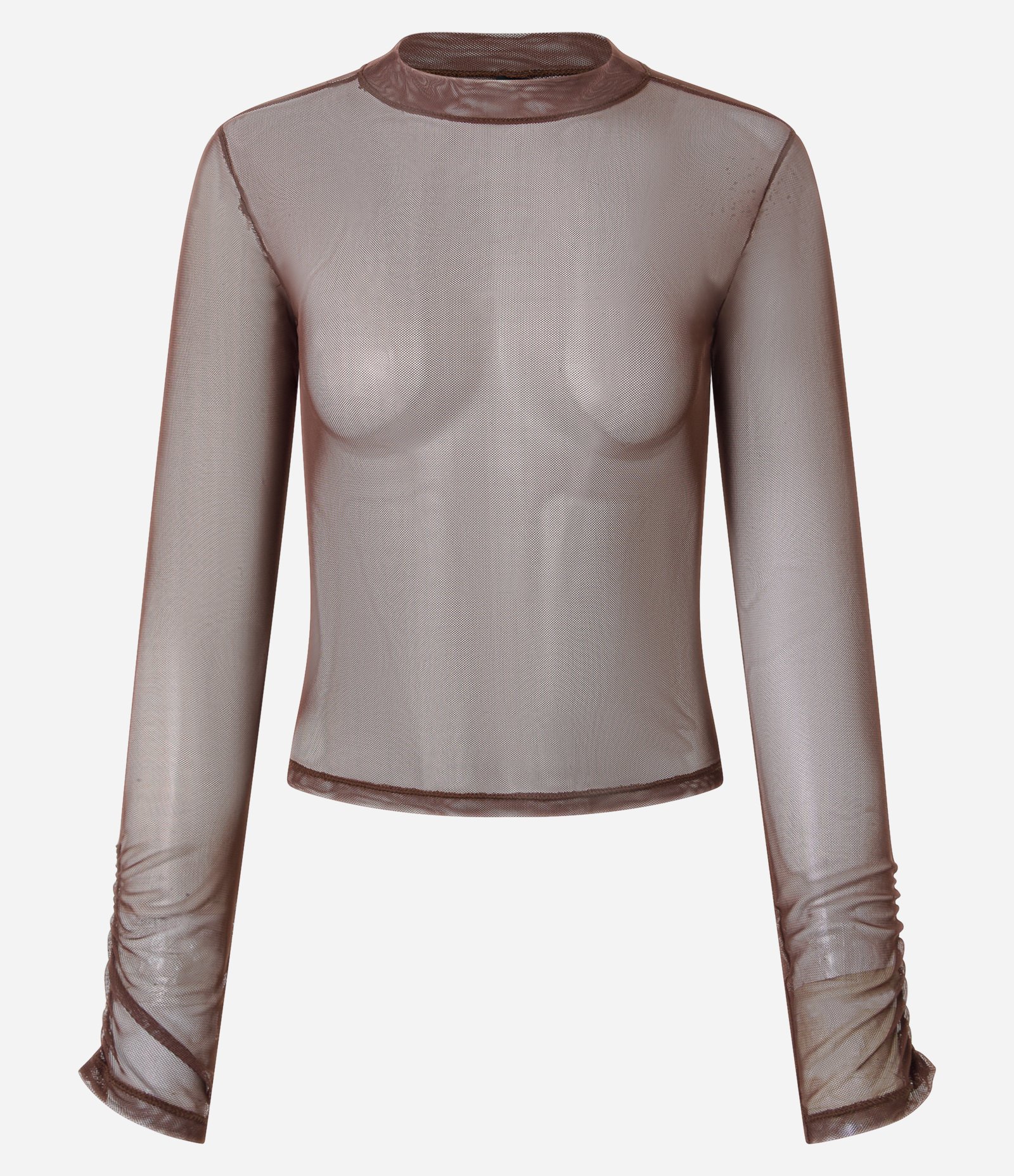 Blusa em Tule com Gola Alta e Franzidos Marrom Escuro 5
