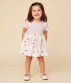 Vestido Infantil com Saia em Estampa de Cerejas e Bolsos Xadrez – Tam 1 a 6 Anos