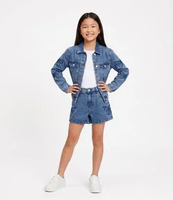 Bermuda Infantil Jeans com Bordado de Borboletas - Tam 5 a 16 Anos