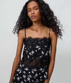 Blusa Peplum Alcinha com Renda Aplicada e Estampa Floral