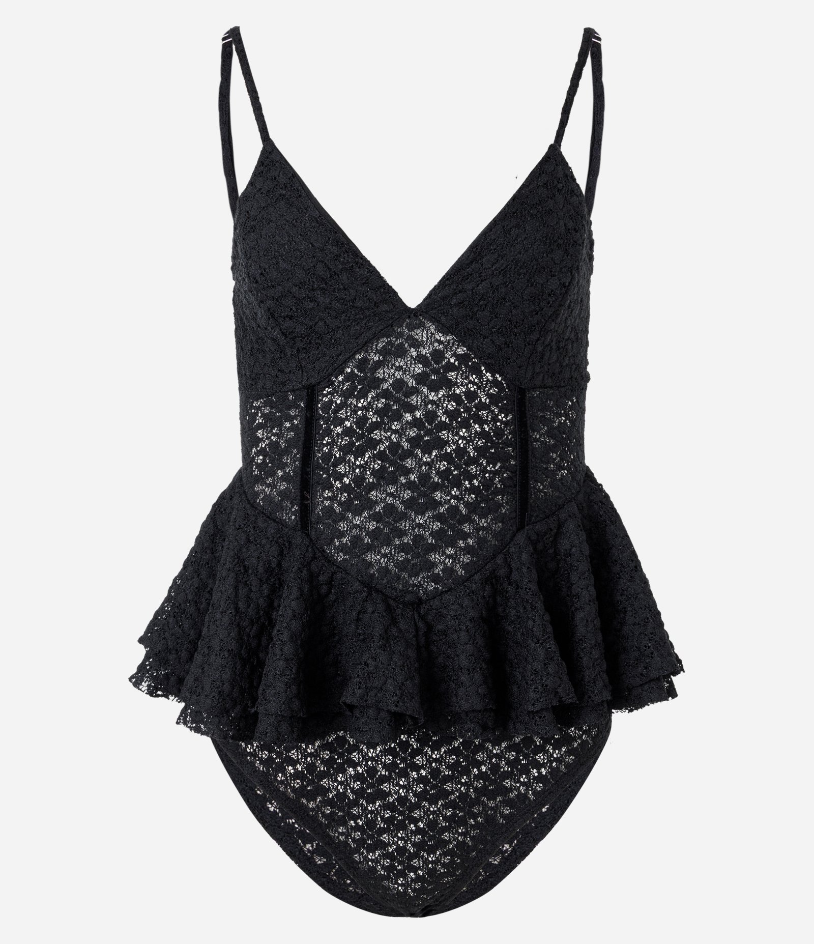 Body de Alcinha em Renda com Decote V e Detalhe Peplum na Cintura Preto 5