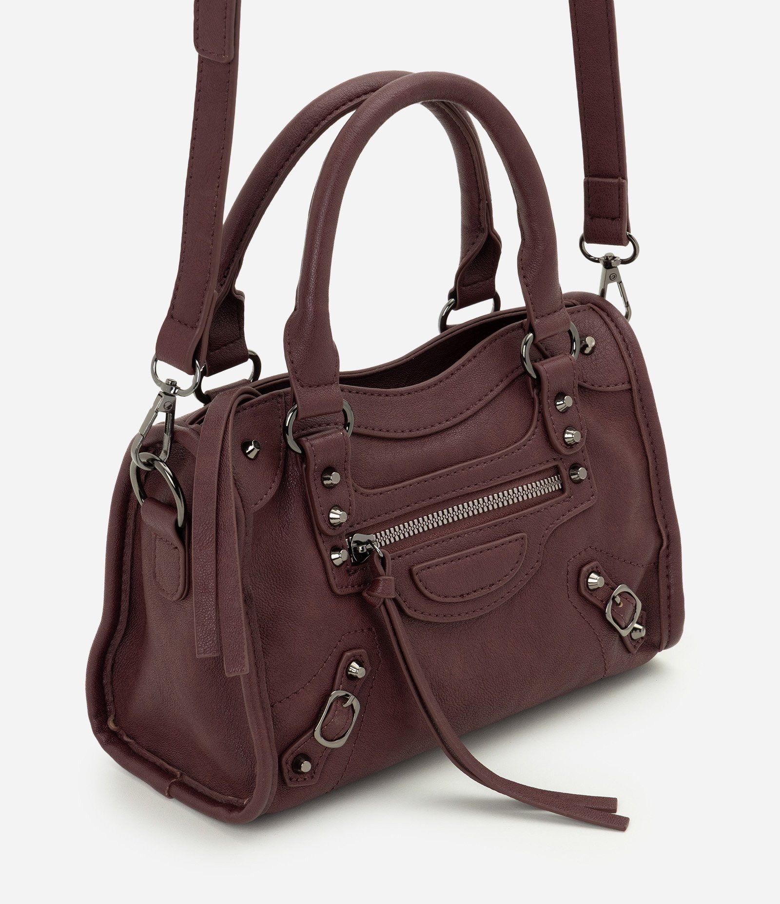 Bolsa Pequena Satchel com Detalhes Metálicos Vinho 1