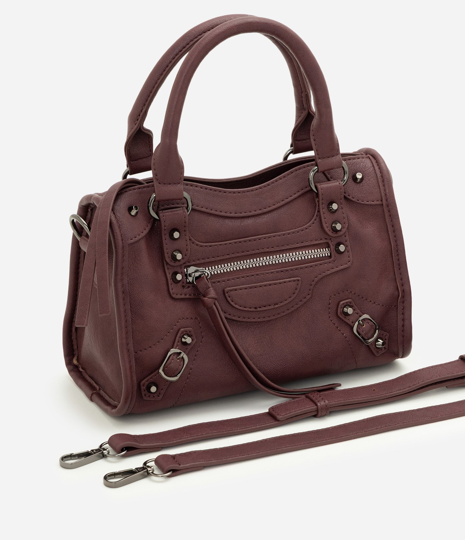 Bolsa Pequena Satchel com Detalhes Metálicos Vinho 5