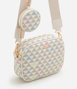 Bolsa Câmera Bag em PU com Porta Moedas e Estampa Triângulos