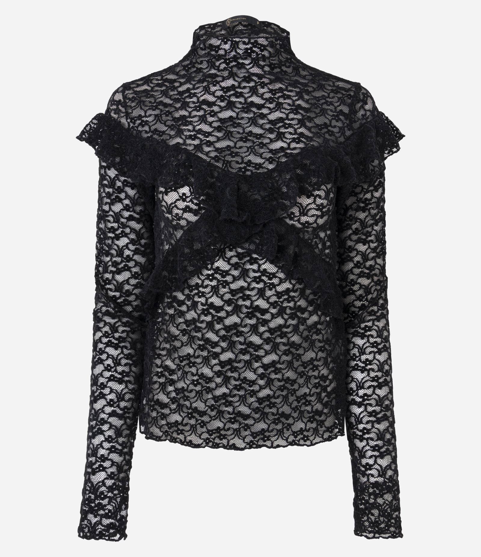 Blusa em Renda Aveludada com Aplicação de Babados Preto 5