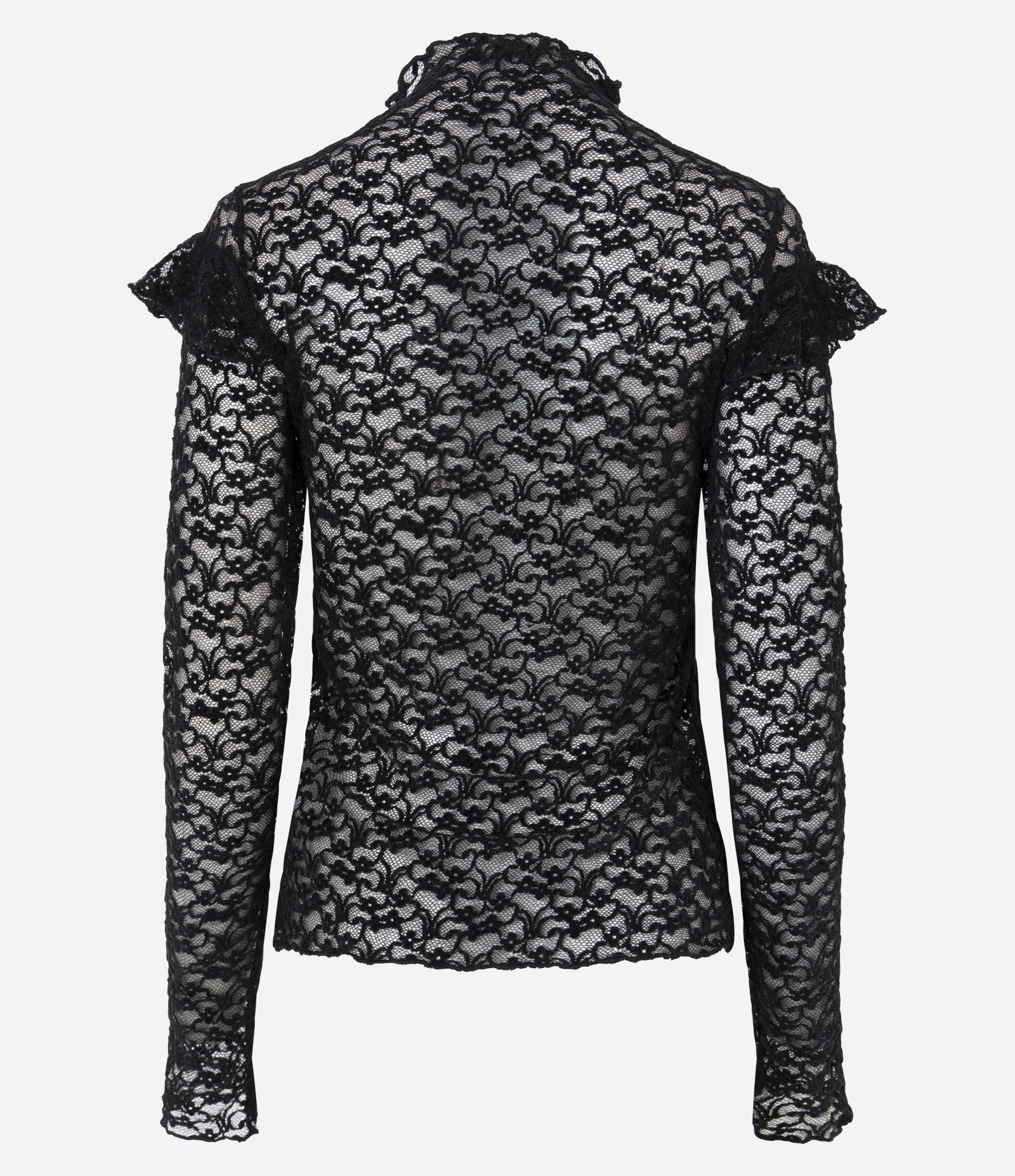 Blusa em Renda Aveludada com Aplicação de Babados Preto 7
