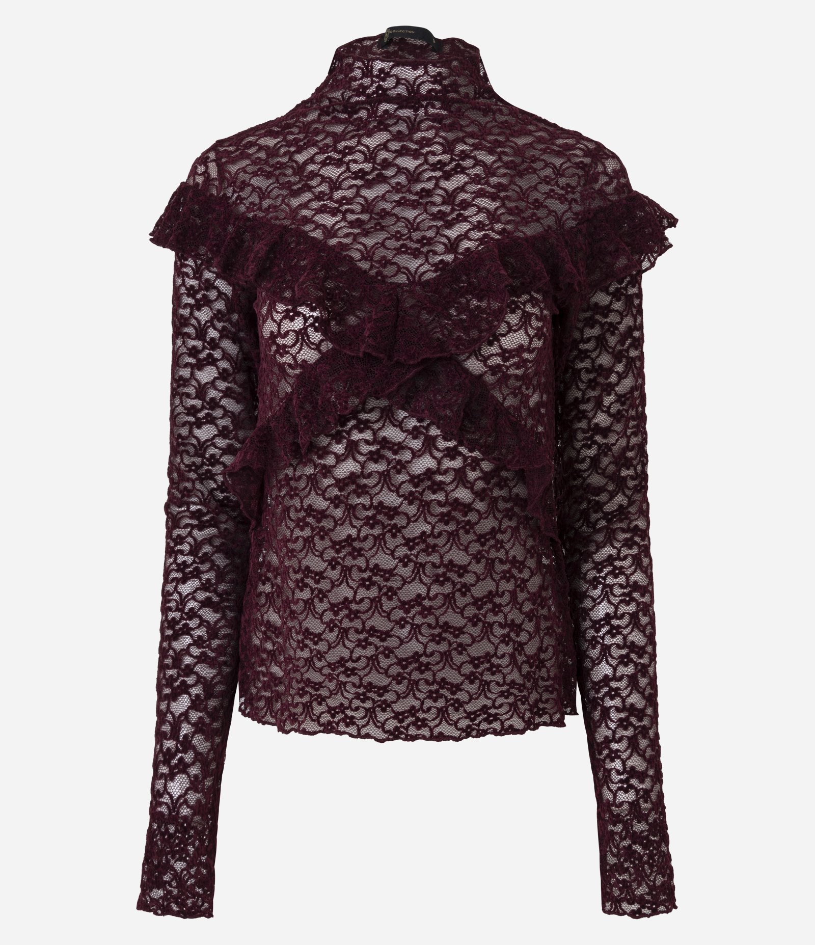 Blusa em Renda Aveludada com Aplicação de Babados Vinho 5
