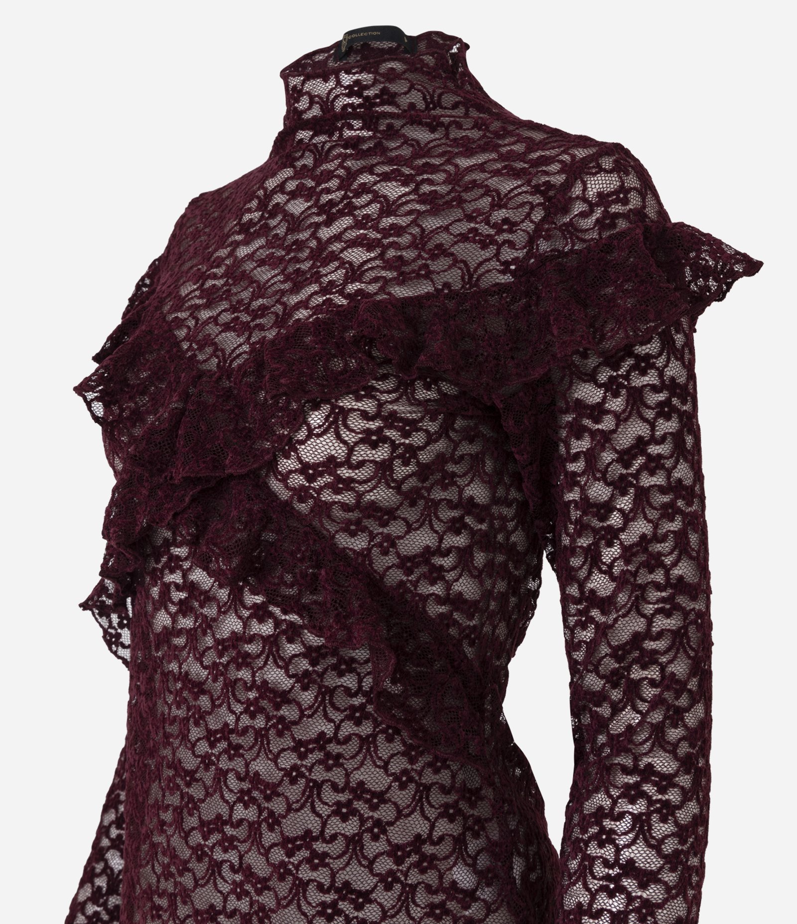 Blusa em Renda Aveludada com Aplicação de Babados Vinho 6