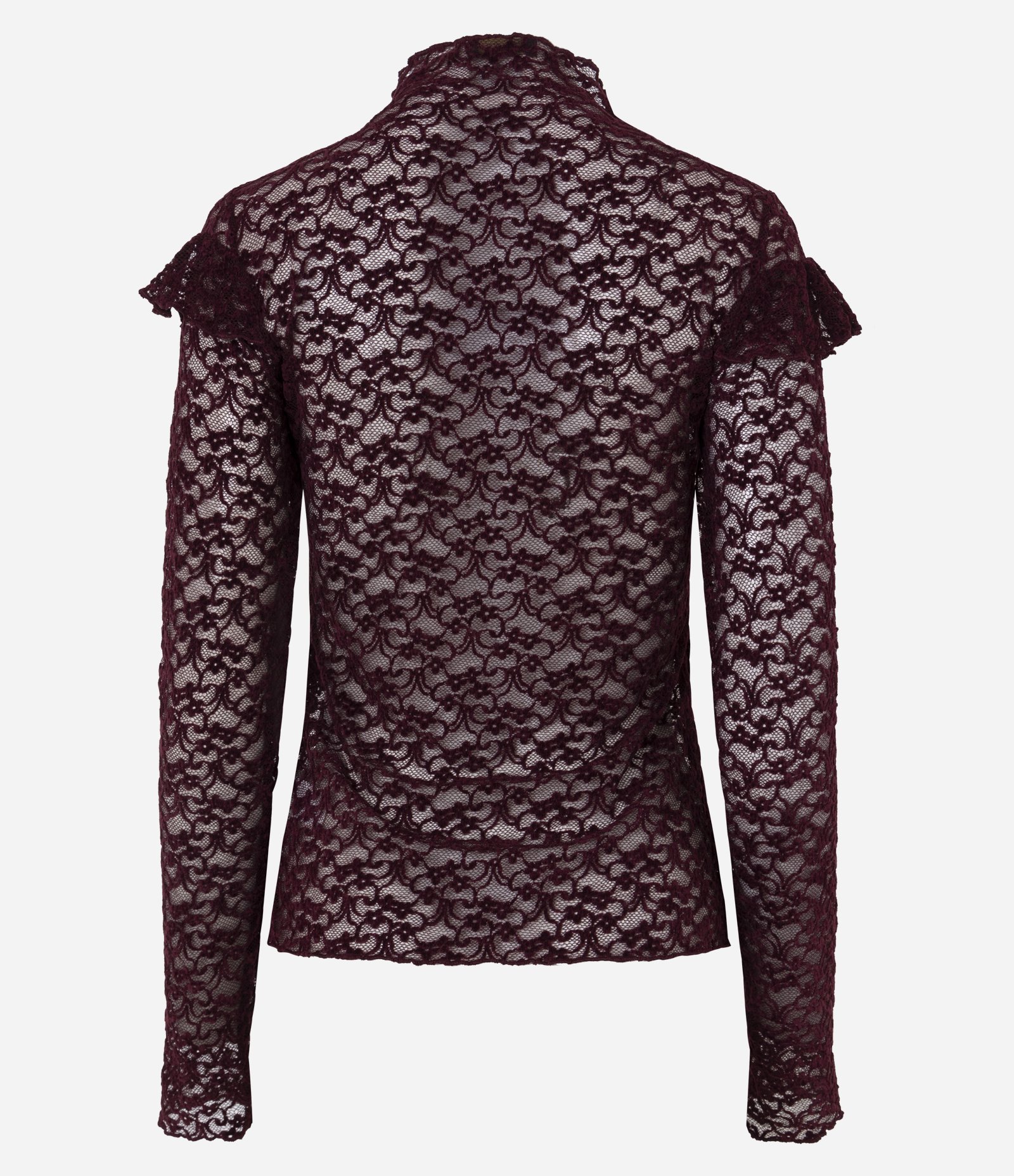 Blusa em Renda Aveludada com Aplicação de Babados Vinho 7
