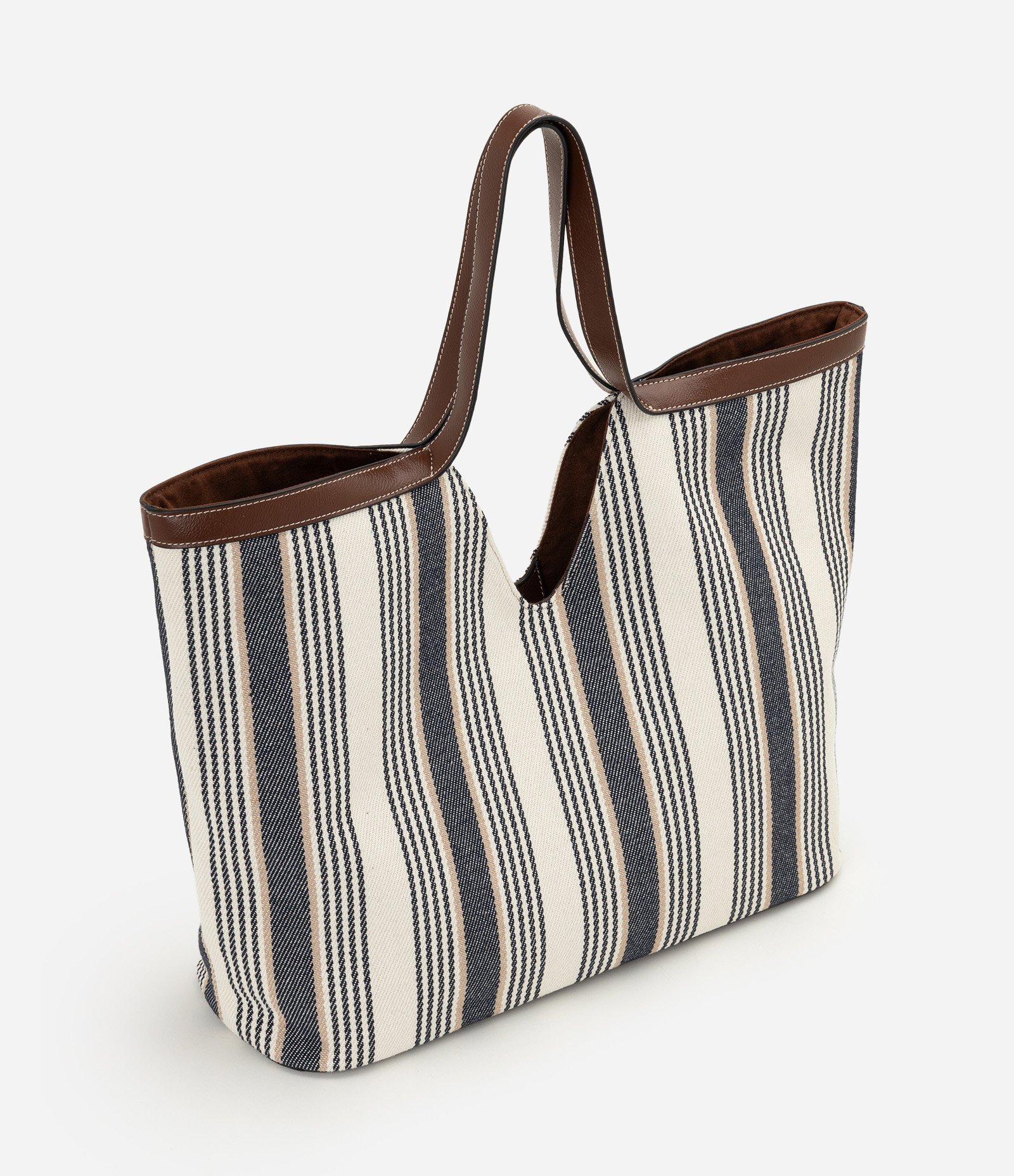 Bolsa Shopper em Algodão Listrada com Detalhes em PU Multicores 1