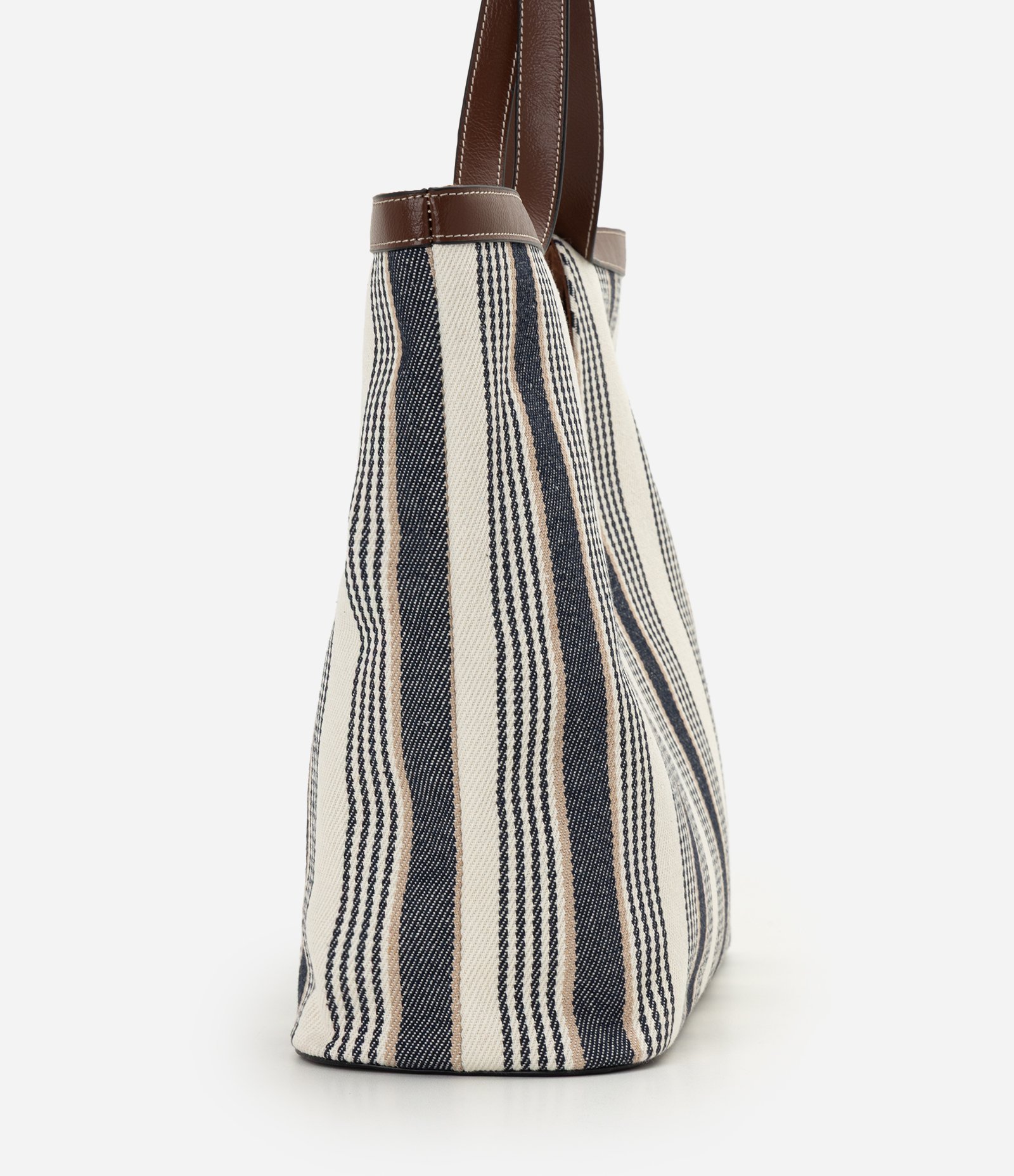 Bolsa Shopper em Algodão Listrada com Detalhes em PU Multicores 2