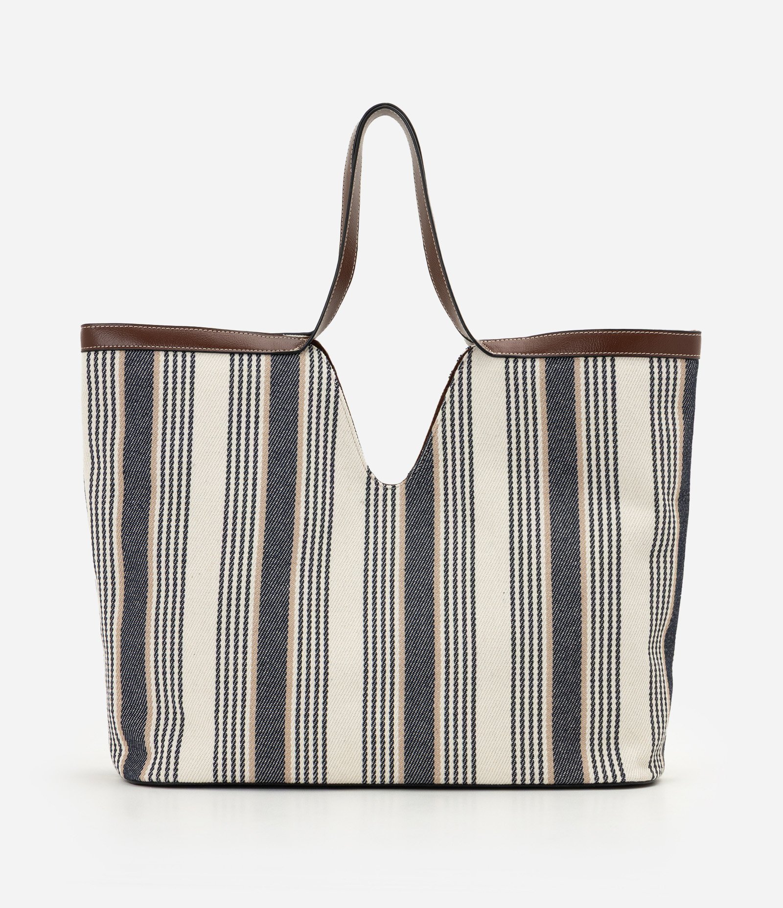 Bolsa Shopper em Algodão Listrada com Detalhes em PU Multicores 3