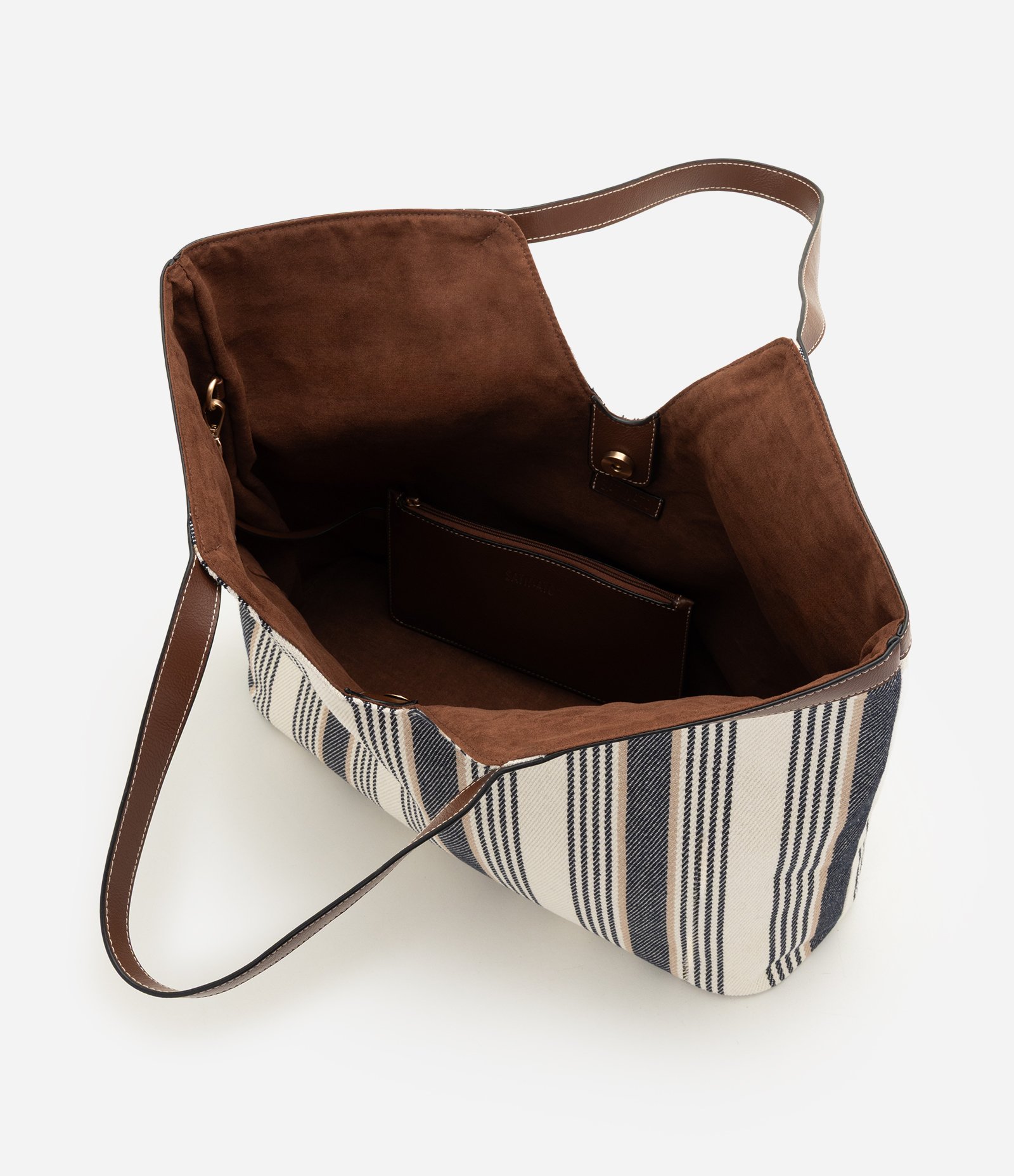 Bolsa Shopper em Algodão Listrada com Detalhes em PU Multicores 4
