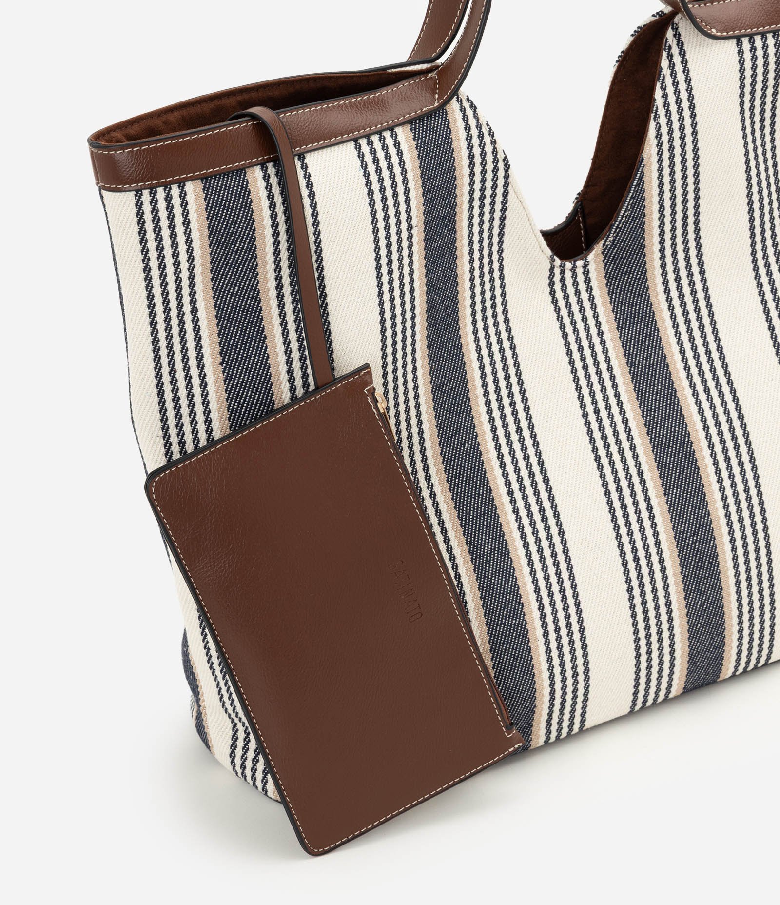 Bolsa Shopper em Algodão Listrada com Detalhes em PU Multicores 6