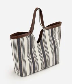 Bolsa Shopper em Algodão Listrada com Detalhes em PU
