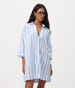 Saída de Praia Camisa Manga 3/4 em Voal com Estampa Listrada