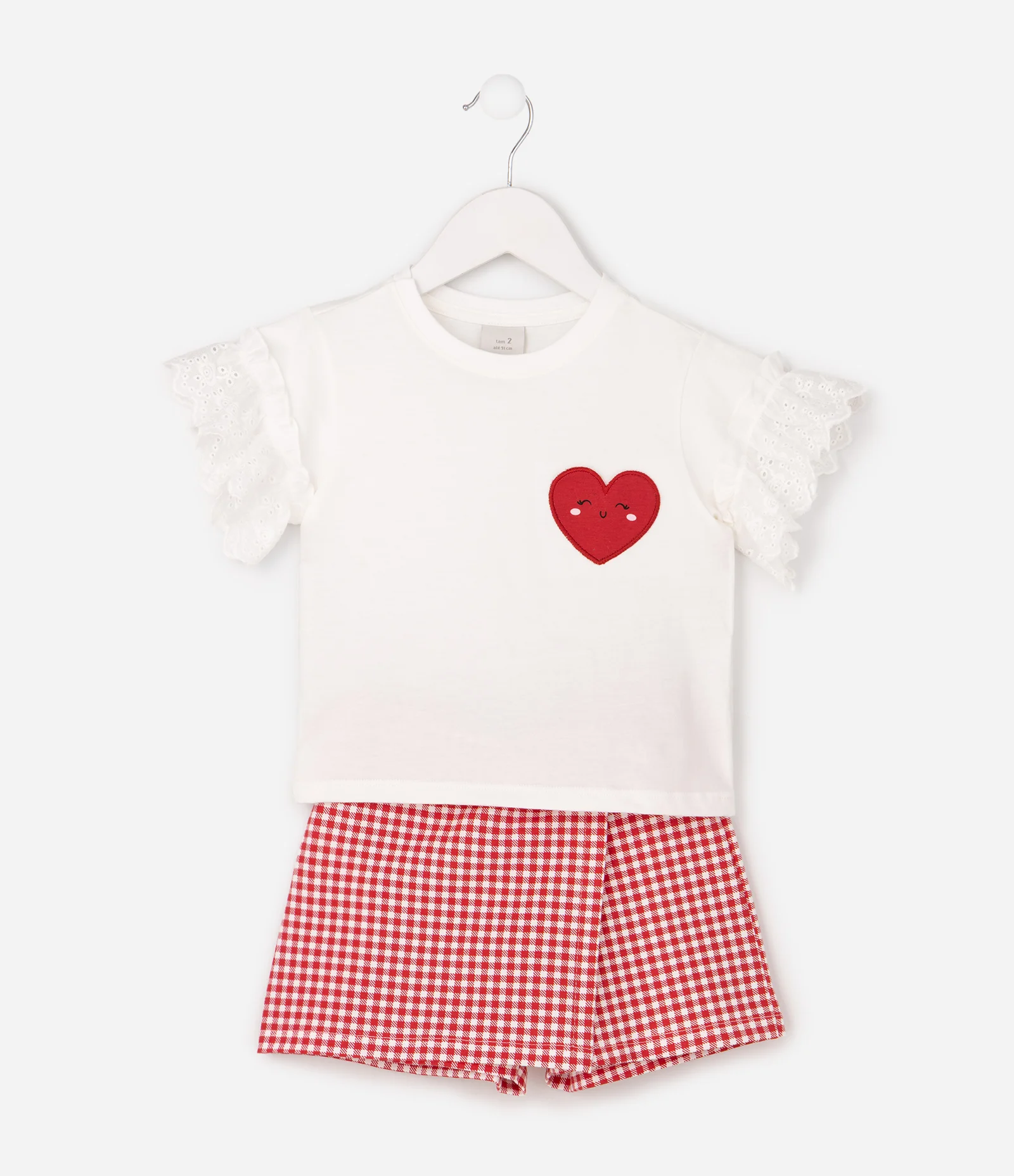 Conjunto Infantil em Algodão com Blusa Bordada e Short Saia Vichy - Tam 1 a 6 Anos Multicores 2