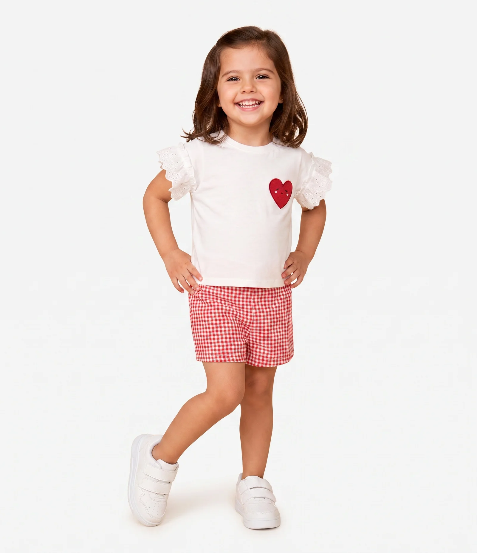 Conjunto Infantil em Algodão com Blusa Bordada e Short Saia Vichy - Tam 1 a 6 Anos Multicores 1