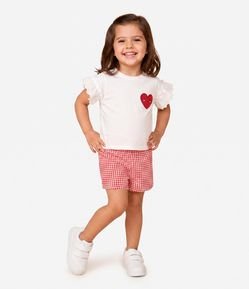 Conjunto Infantil em Algodão com Blusa Bordada e Short Saia Vichy - Tam 1 a 6 Anos