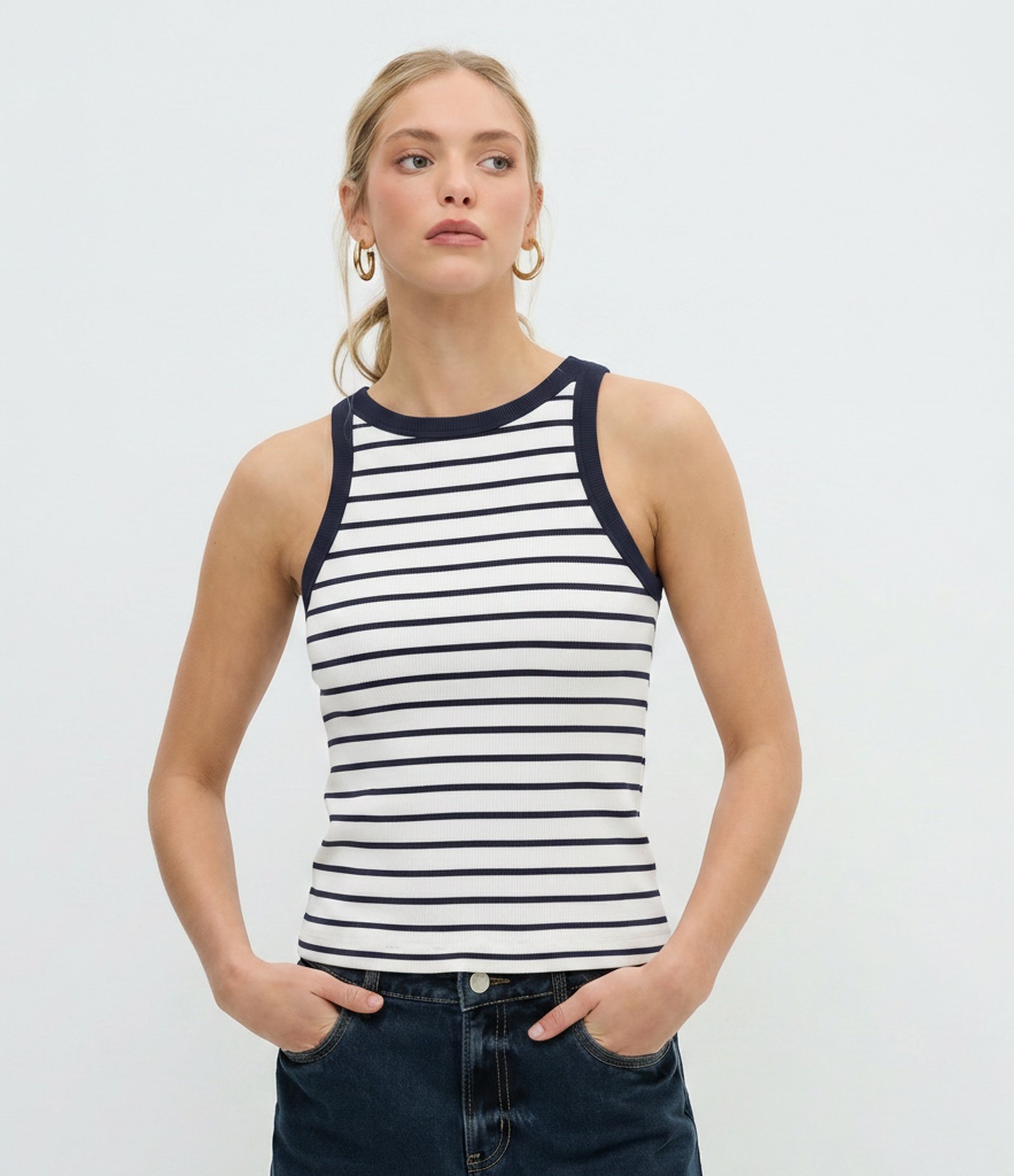 Blusa Listrada em Algodão com Viés Constrastante Azul Marinho 1