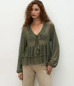 Blusa Bata em Tule com Babados e Amarração Frontal
