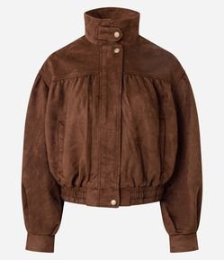 Jaqueta Bomber em Suede com Gola Alta e Elástico na Barra