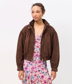 Jaqueta Bomber em Suede com Gola Alta e Elástico na Barra