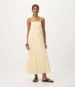 Vestido Midi em Algodão com Bordado e Alças com Esferas