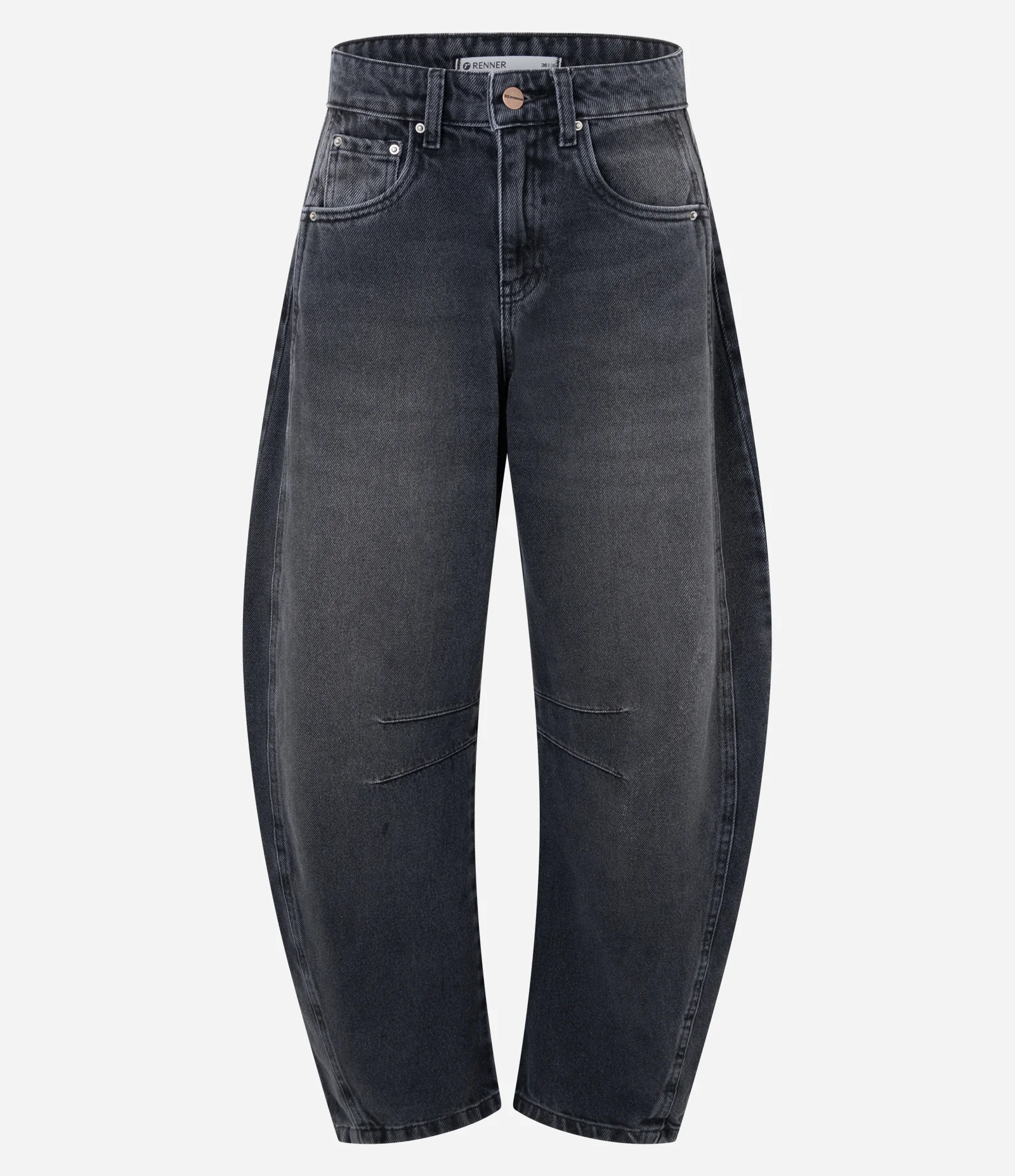 Calça Baggy Balloon em Jeans com Cintura Média e Recorte Lateral Cinza Escuro 1
