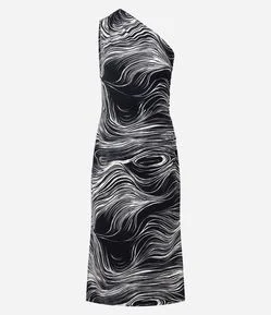 Vestido Midi de Um Ombro Só com Estampa Abstrata