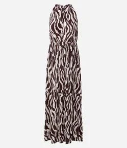 Vestido Midi em Tricô com Estampa Animal Print e Decote Franzido