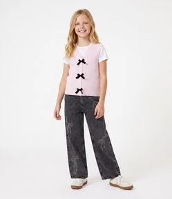 Calça Wide Jeans Infantil com Aplicação de Laços - Tam 5 A 16 Anos