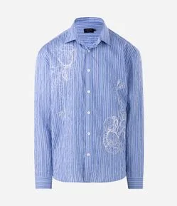Camisa Comfort em Viscose Listrada com Bordado Floral