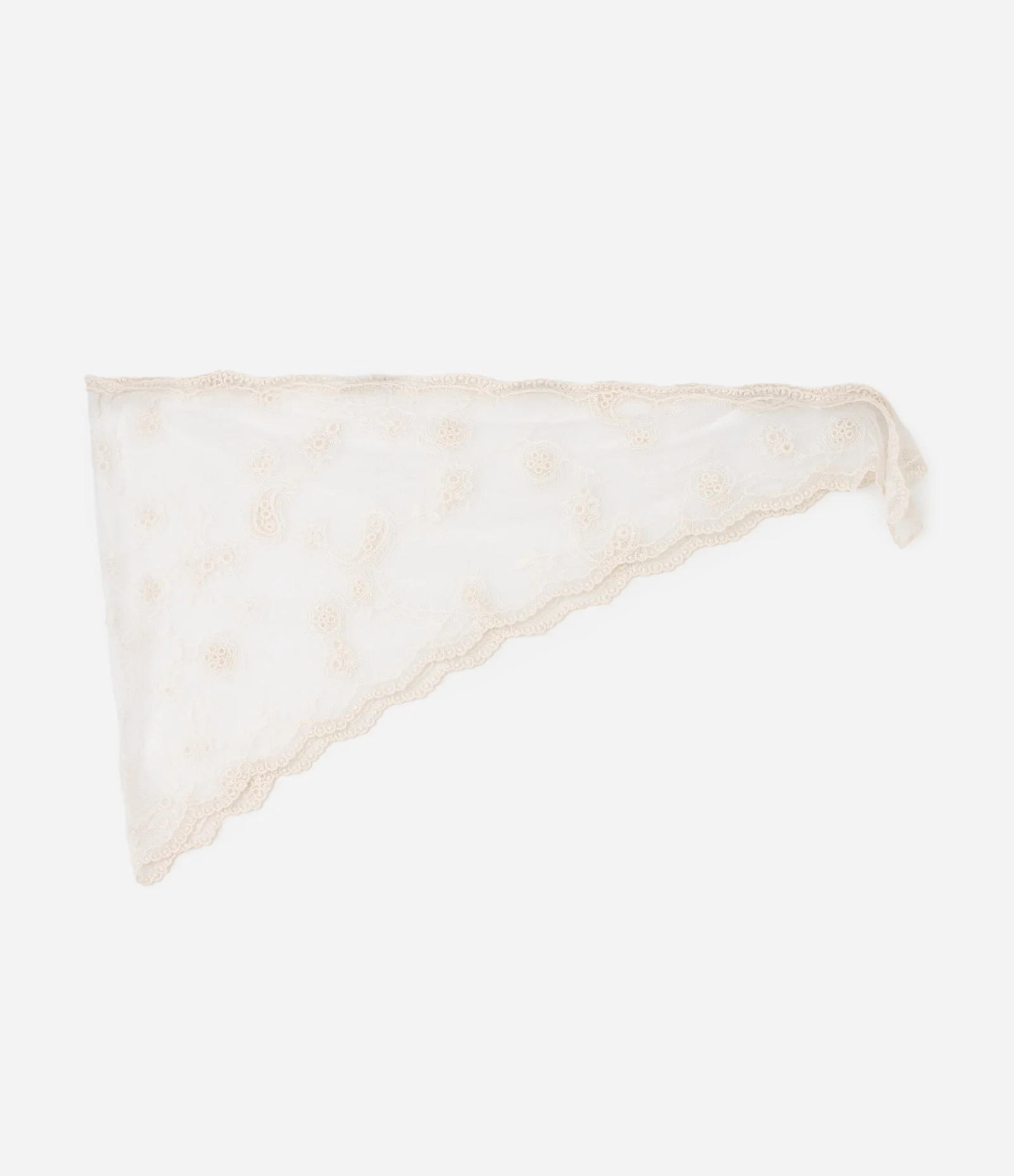 Lenço Triangular em Renda com Bordado e Acabamento Ondulado Off White 1