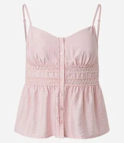 Blusa de Alcinha em Viscose Acetinada com Botões e Detalhe em Renda