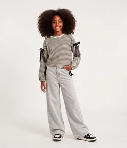 Calça Wide Jeans Infantil com Laços Laterais - Tam 5 a 16 Anos