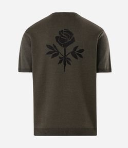 Camiseta Regular em Jacquard com Rosa Bordada