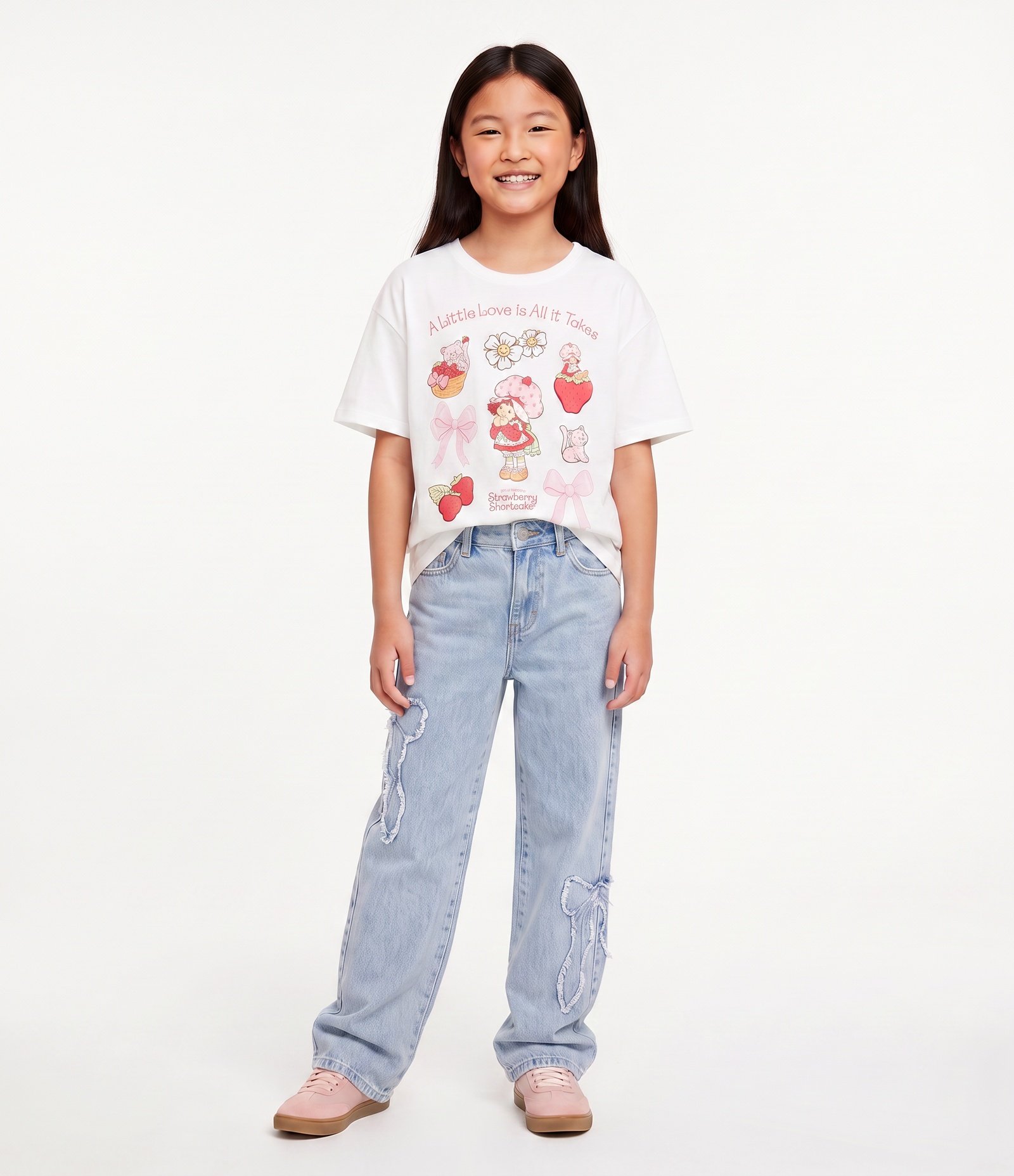 Calça Jeans Reta Infantil com Desfiados de Laços Laterais - Tam 5 a 14 Anos Azul 1