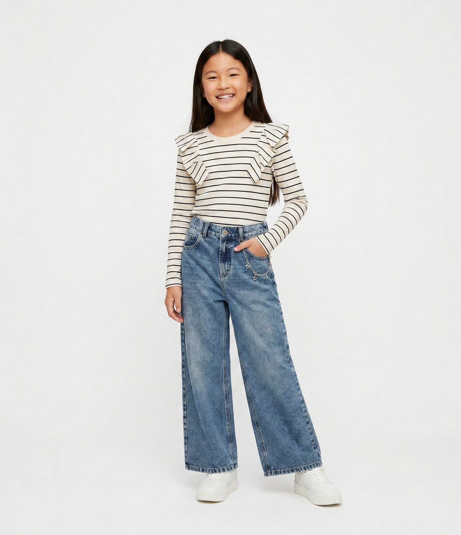 Calça Infantil Em Algodão Com Correntinha Lateral - 5 a 16 Anos Jeans Médio 1