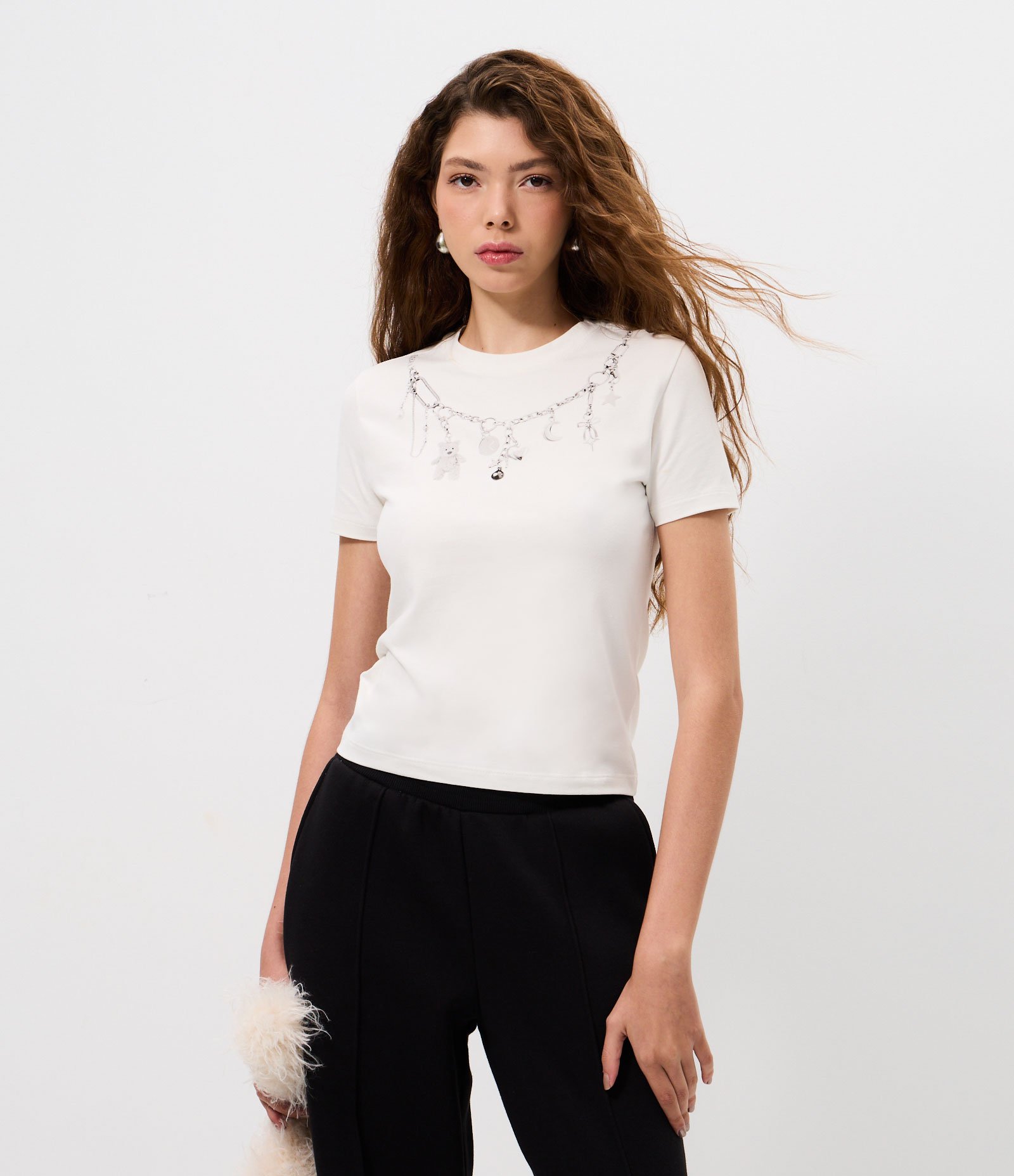 Camiseta em Algodão com Estampa Efeito Corrente Branco 1