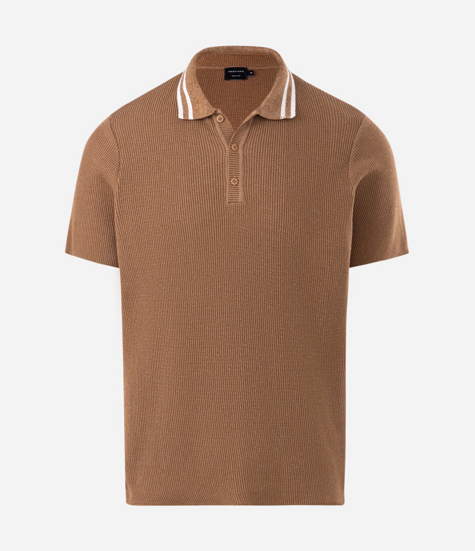 Polo em Tricô Texturizado com Listras na Gola Marrom 5