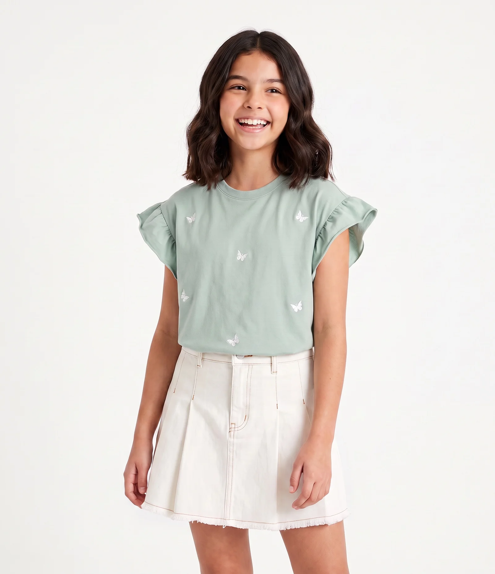 Short Saia Infantil Plissado em Sarja Branco 1