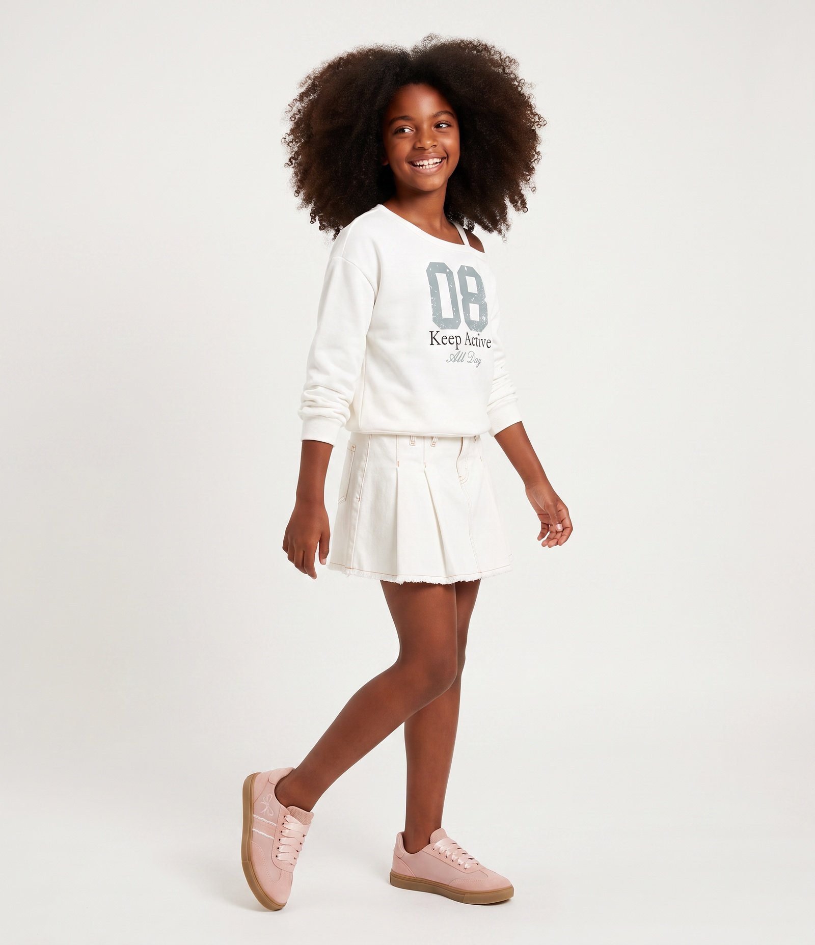 Short Saia Infantil Plissado em Sarja Branco 2
