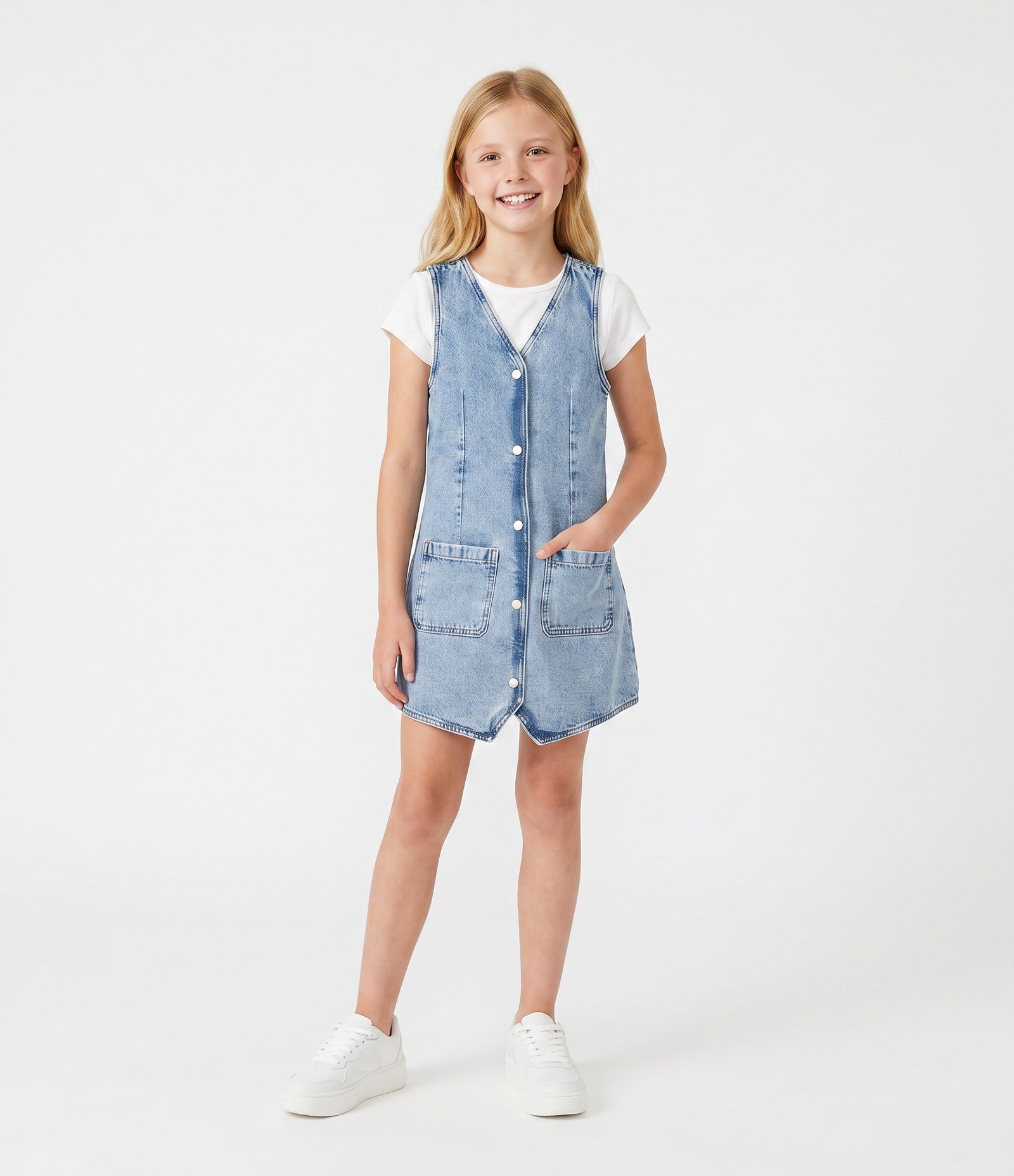 Macacão em Jeans Curto com Botões Frontais Infantil - Tam 5 a 16 Anos Azul 1