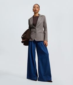Calça Jeans Ampla com Cintura Alta e Pregas Invertidas